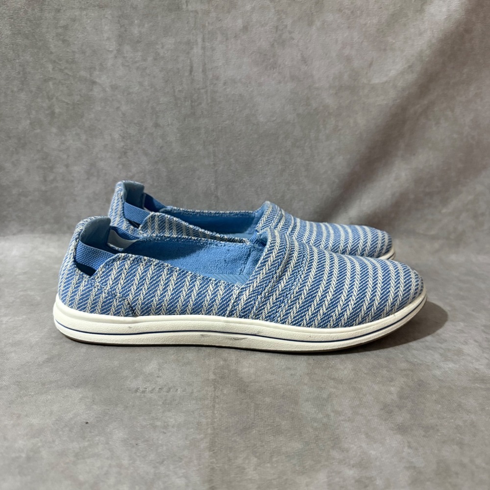 Clarks Cloudsteppers Slip On Women 10 Blue White Good Striped Washable Sneaker‎
